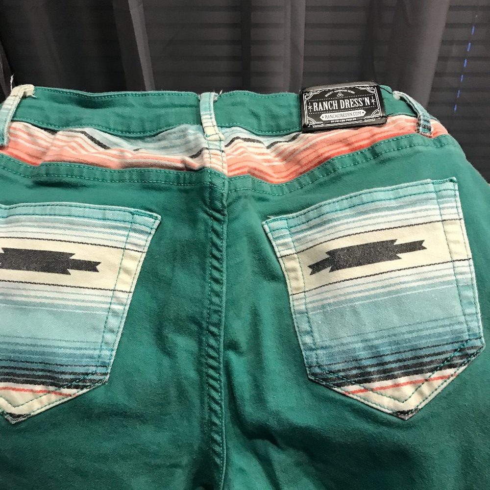 Ranch Dressn Jeans Womens 2 Green Flared Western Aztec Fallon Taylor